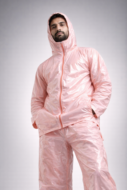 Men’s Pink Shiny Nylon Tracksuit Hooded Waterproof Jacket & Pants Set