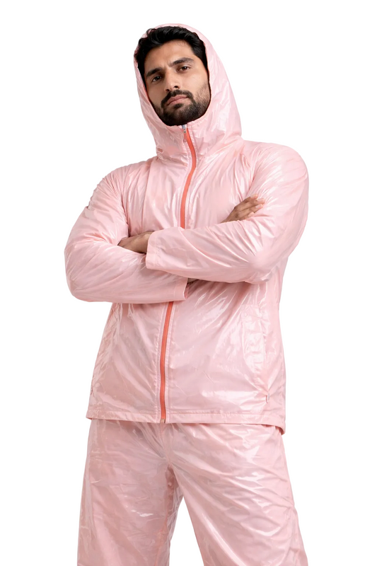 Men’s Pink Shiny Nylon Tracksuit Hooded Waterproof Jacket & Pants Set