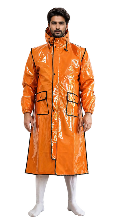 Men’s Orange Shiny Nylon Hooded Long  Jacket