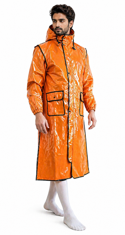 Men’s Orange Shiny Nylon Hooded Long  Jacket