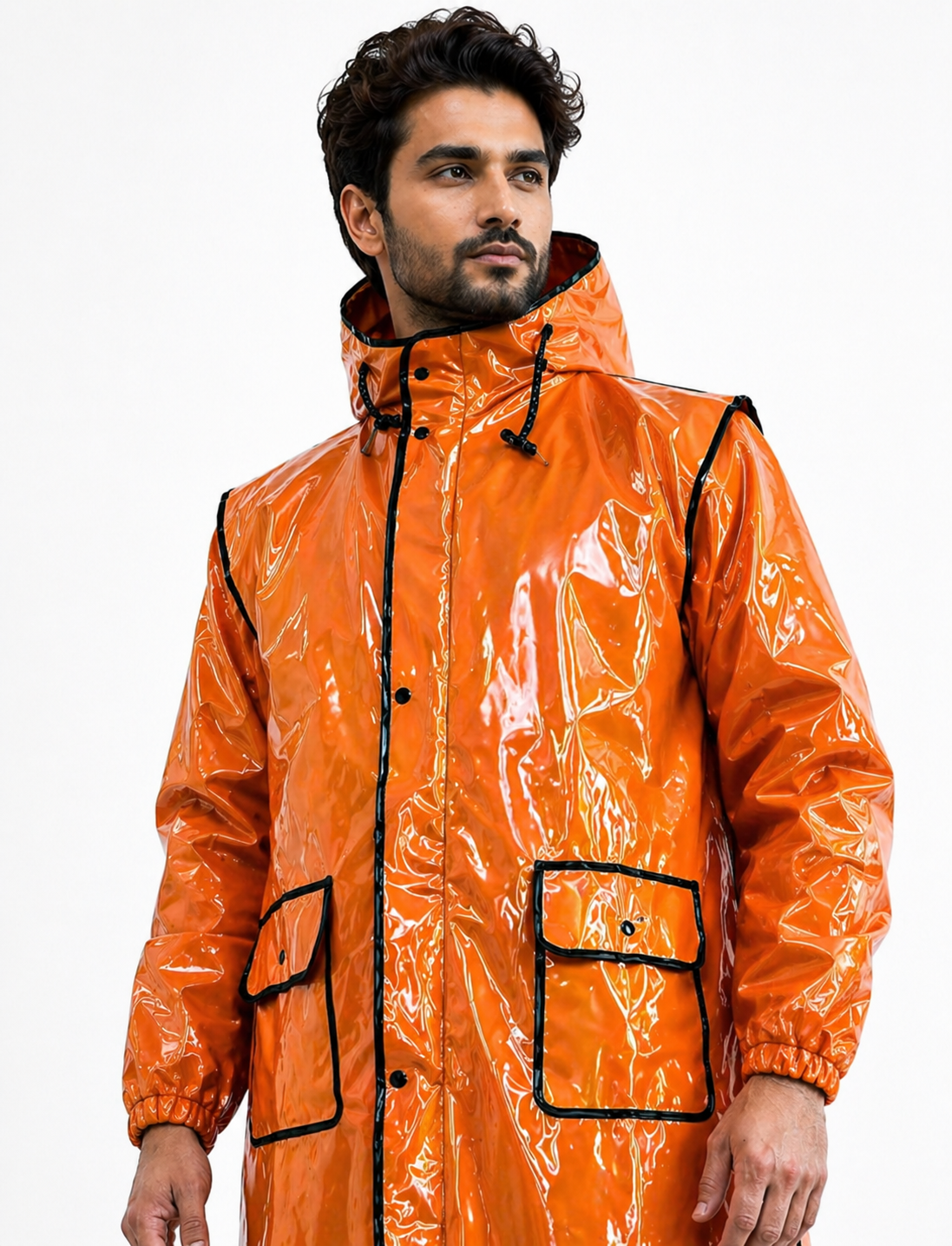 Men’s Orange Shiny Nylon Hooded Long  Jacket