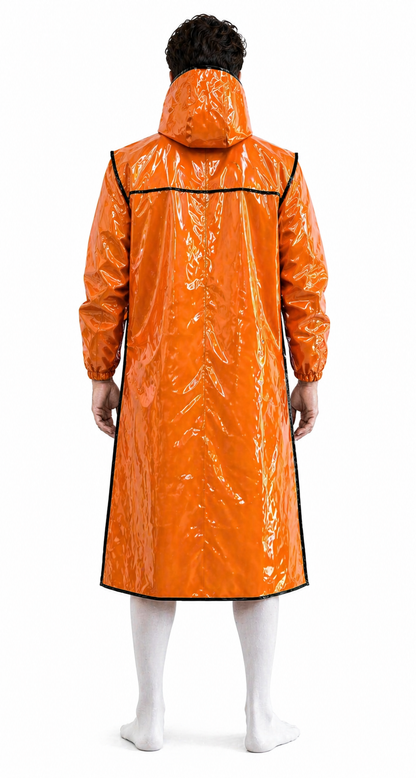 Men’s Orange Shiny Nylon Hooded Long  Jacket