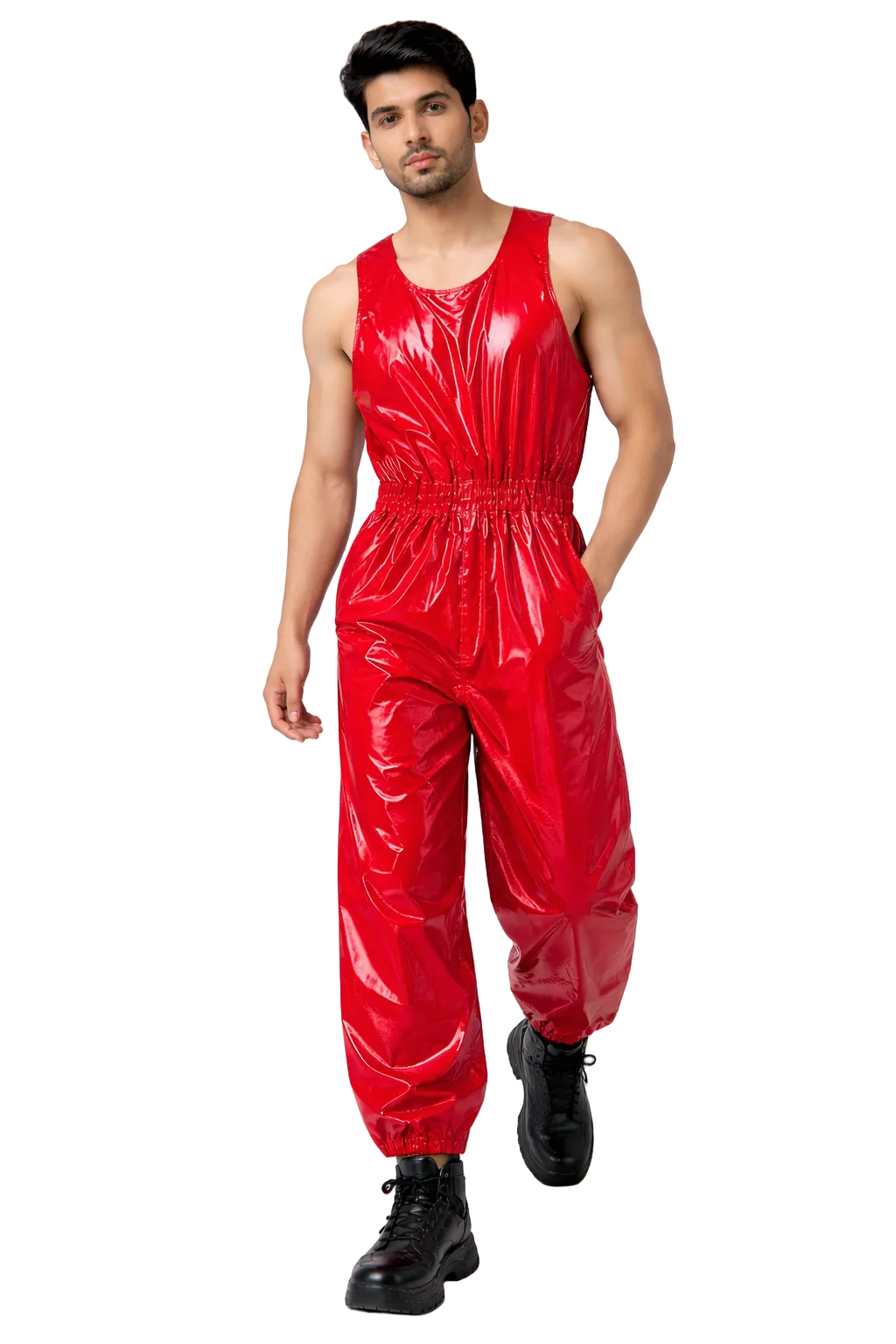 Men’s Red Shiny Nylon Sleeveless Streetwear Romper