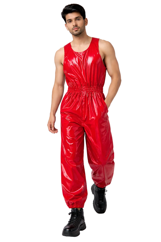Men’s Red Shiny Nylon Sleeveless Streetwear Romper
