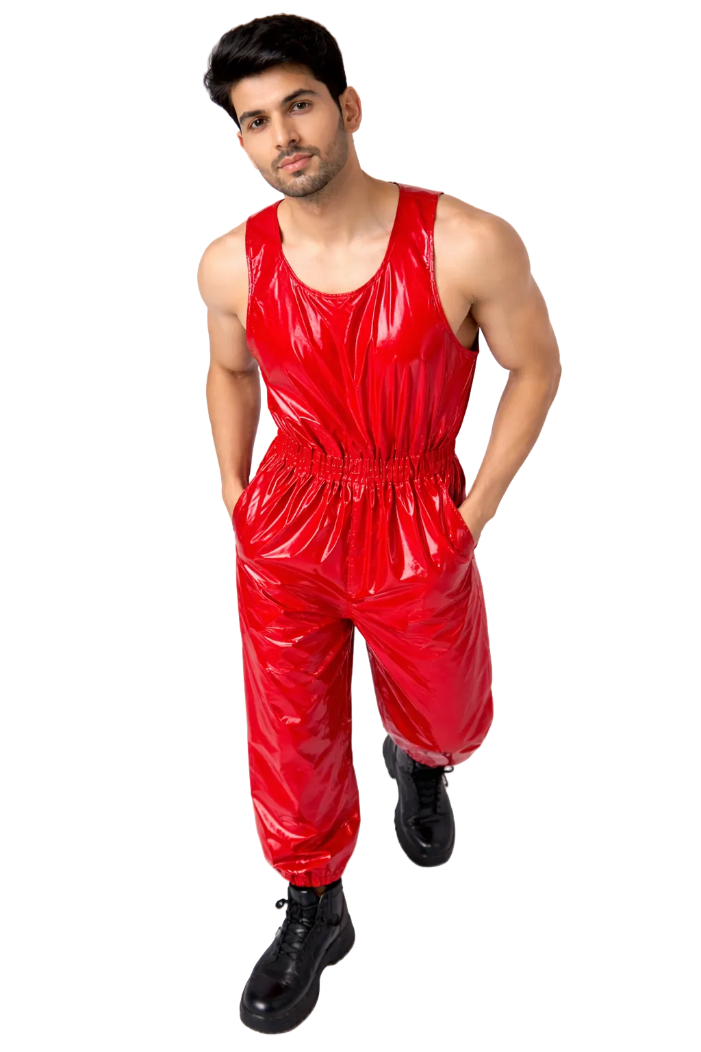 Men’s Red Shiny Nylon Sleeveless Streetwear Romper