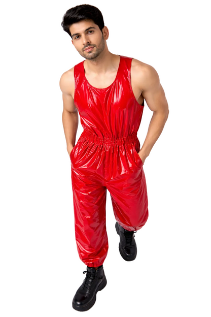 Men’s Red Shiny Nylon Sleeveless Streetwear Romper