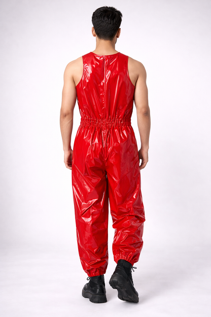 Men’s Red Shiny Nylon Sleeveless Streetwear Romper