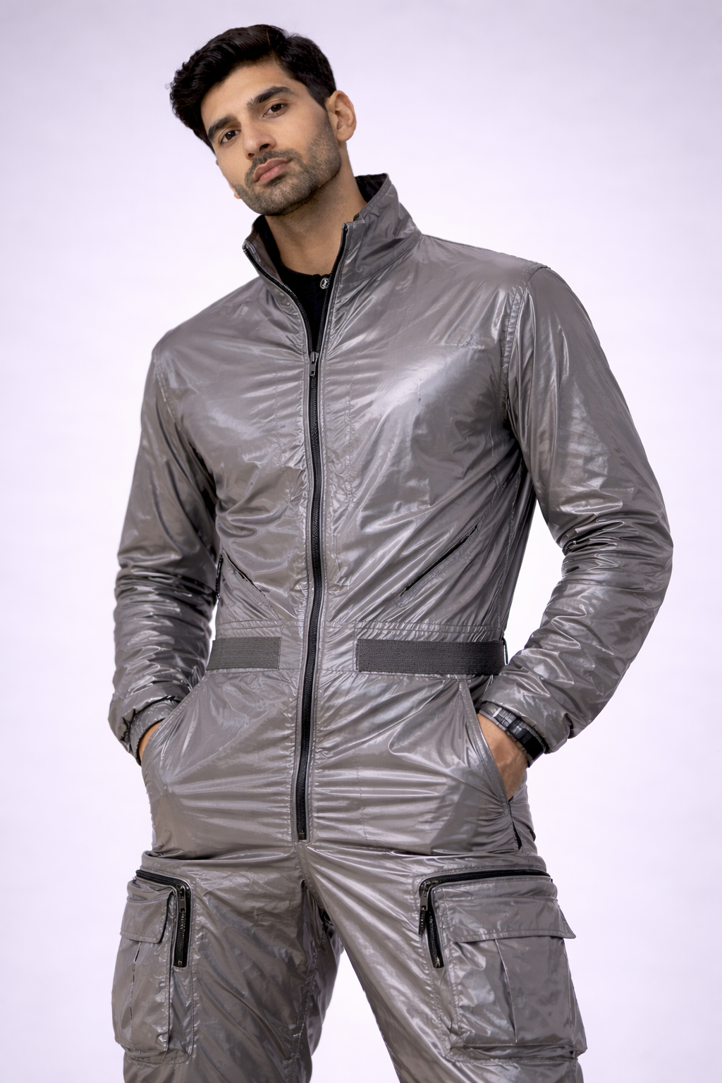 Men’s Metallic Silver Shiny Nylon Jumpsuit Cargo Utility Coverall with Belt