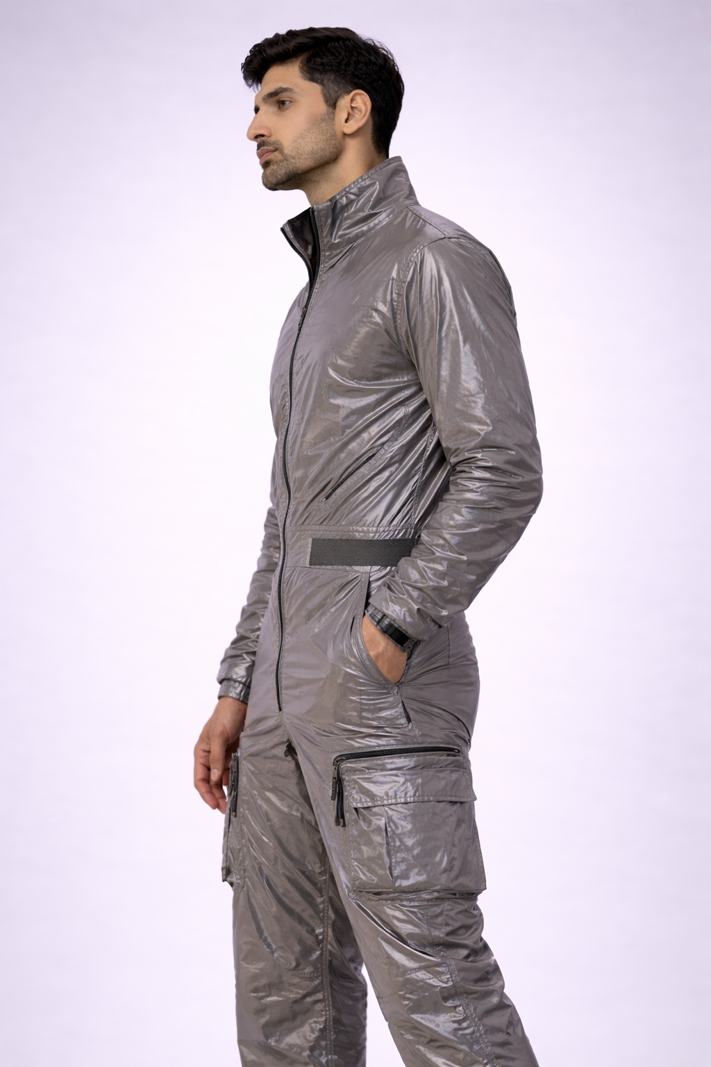 Men’s Metallic Silver Shiny Nylon Jumpsuit Cargo Utility Coverall with Belt