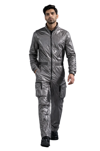 Men’s Metallic Silver Shiny Nylon Jumpsuit Cargo Utility Coverall with Belt