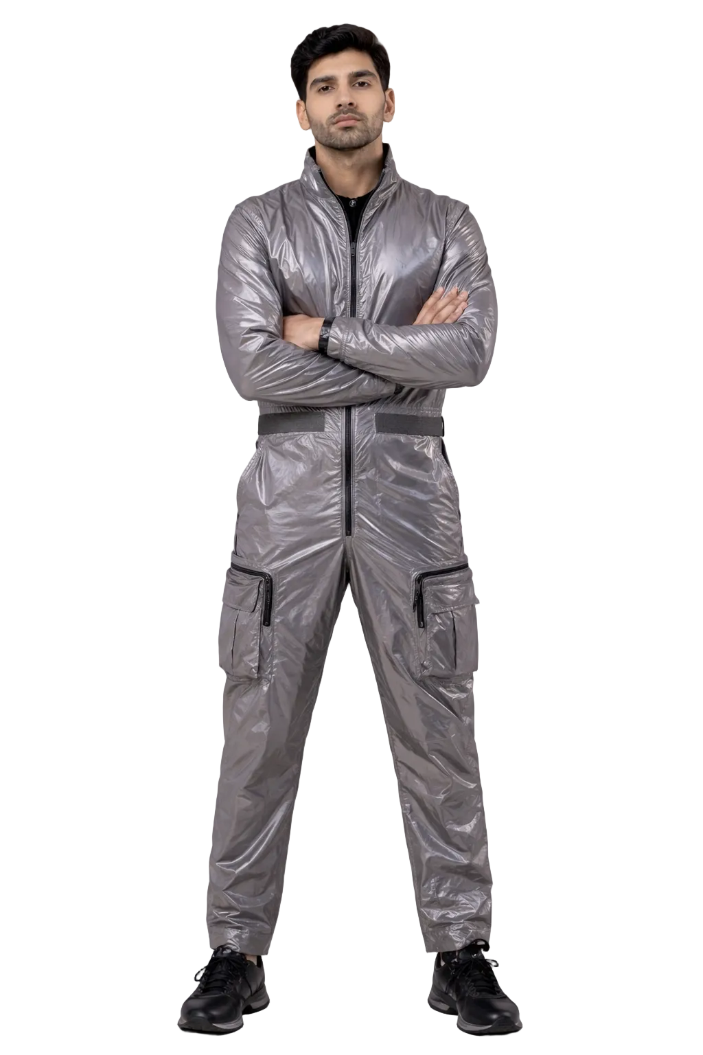 Men’s Metallic Silver Shiny Nylon Jumpsuit Cargo Utility Coverall with Belt