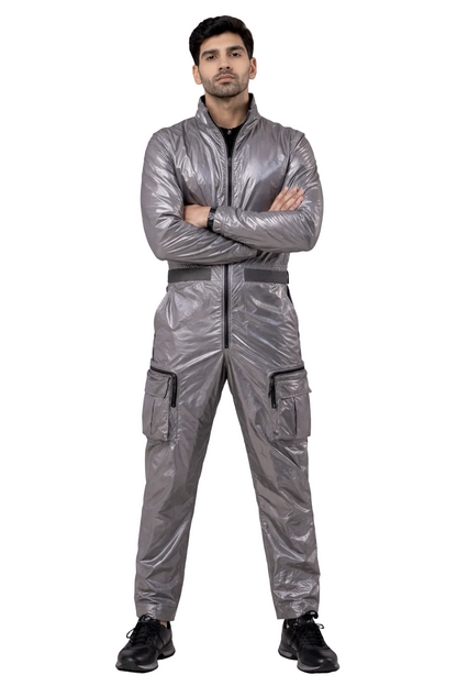 Men’s Metallic Silver Shiny Nylon Jumpsuit Cargo Utility Coverall with Belt