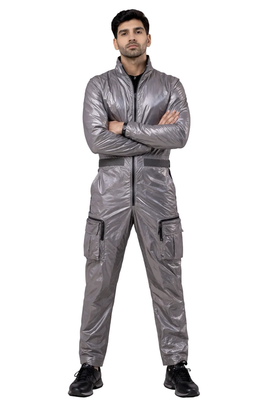 Men’s Metallic Silver Shiny Nylon Jumpsuit Cargo Utility Coverall with Belt