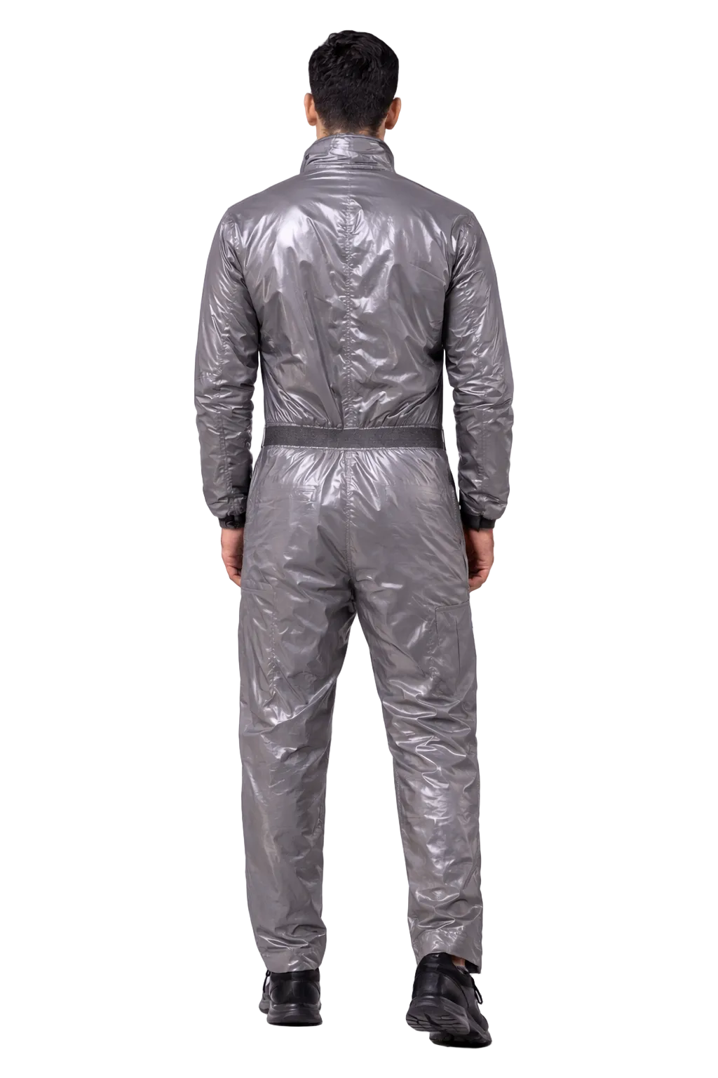 Men’s Metallic Silver Shiny Nylon Jumpsuit Cargo Utility Coverall with Belt