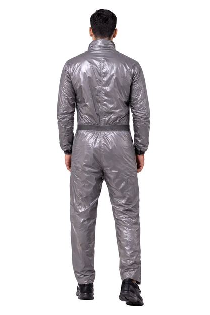 Men’s Metallic Silver Shiny Nylon Jumpsuit Cargo Utility Coverall with Belt