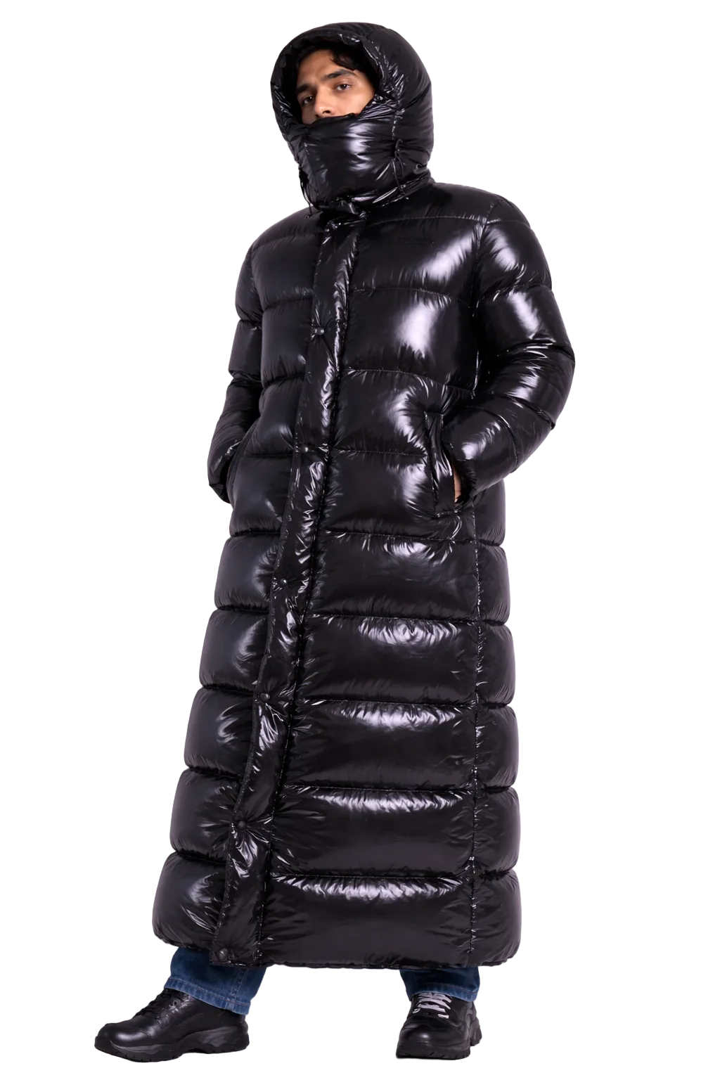 Long Black Shiny Puffer Coat Hooded Full Length