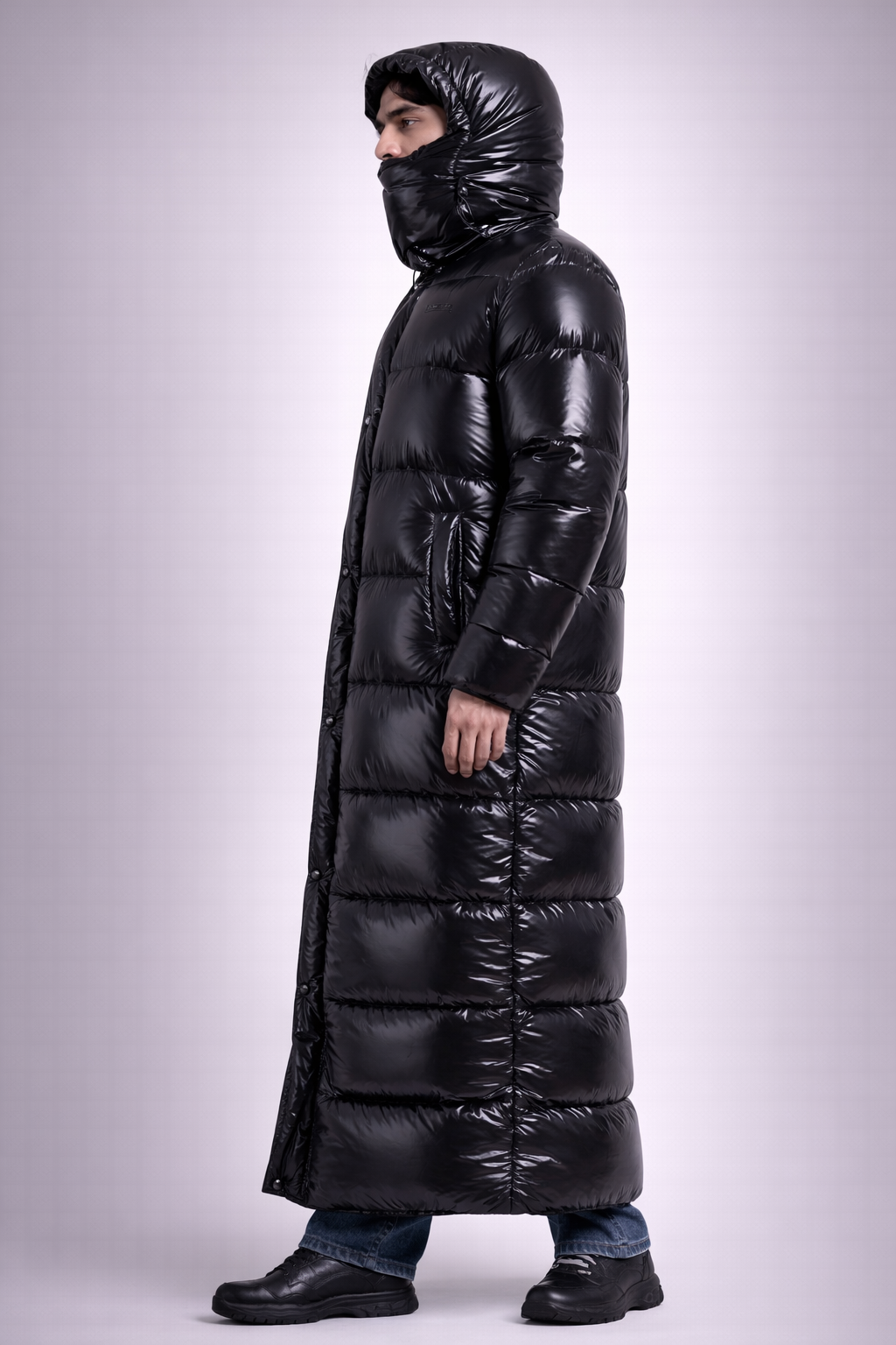 Long Black Shiny Puffer Coat Hooded Full Length