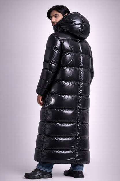 Long Black Shiny Puffer Coat Hooded Full Length