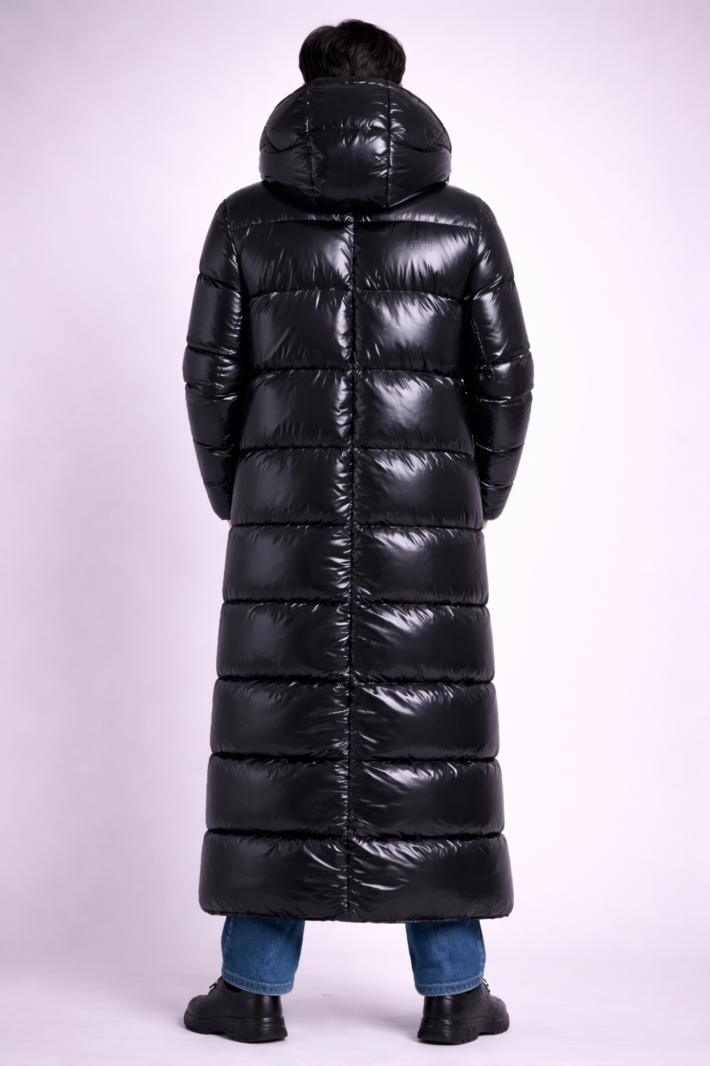 Long Black Shiny Puffer Coat Hooded Full Length