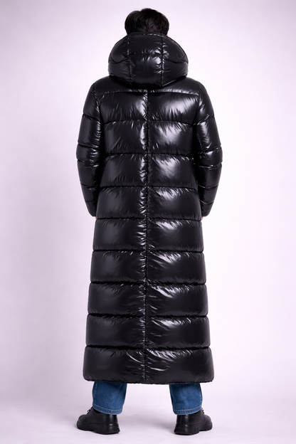 Long Black Shiny Puffer Coat Hooded Full Length
