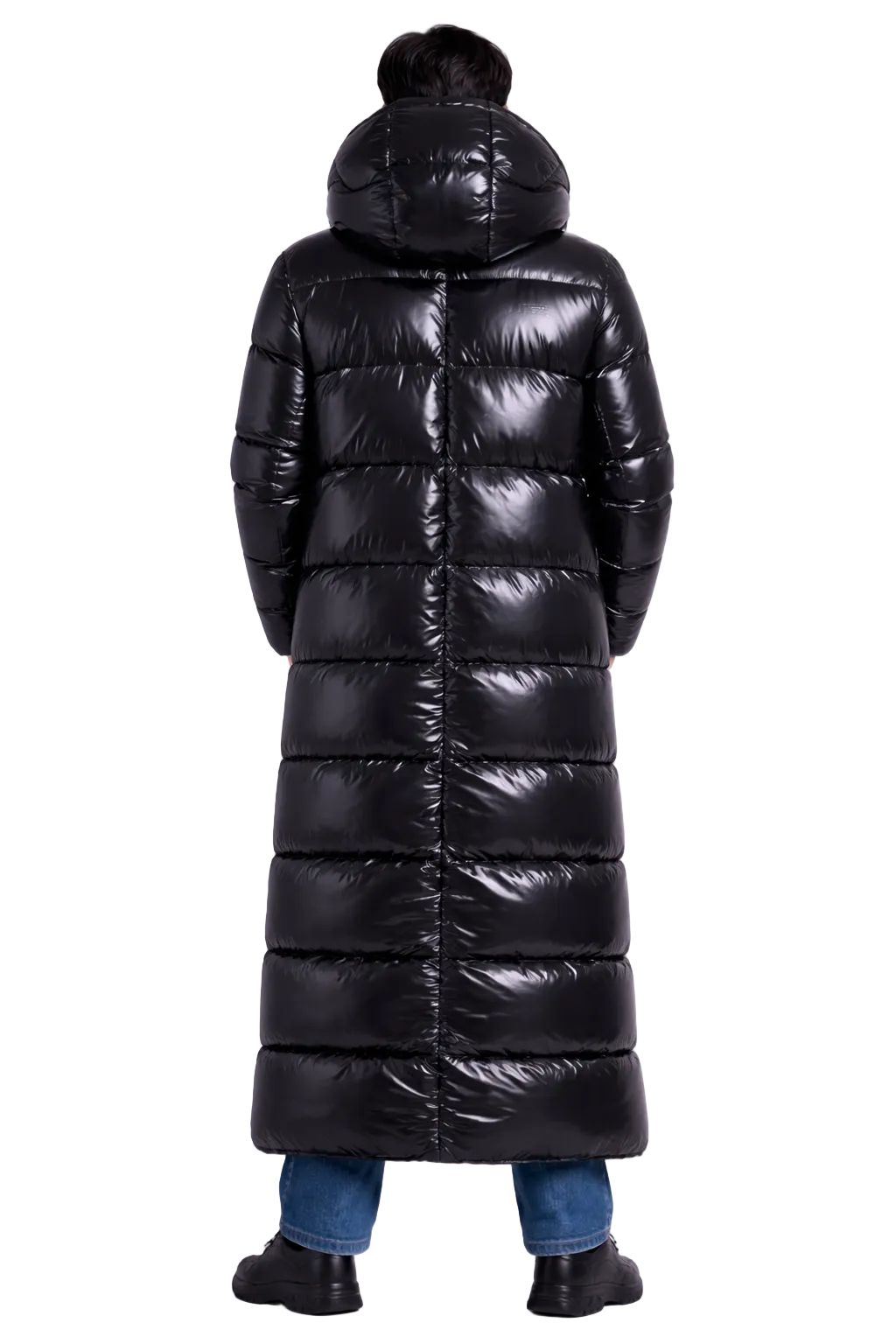 Long Black Shiny Puffer Coat Hooded Full Length