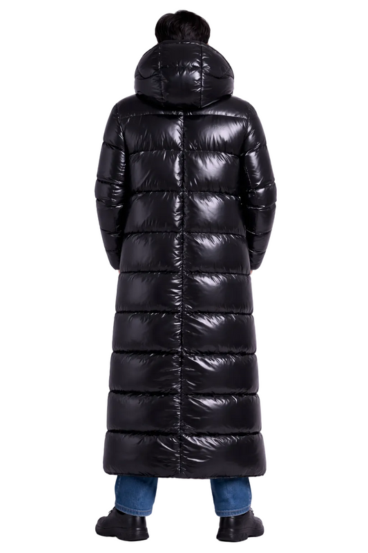 Long Black Shiny Puffer Coat Hooded Full Length