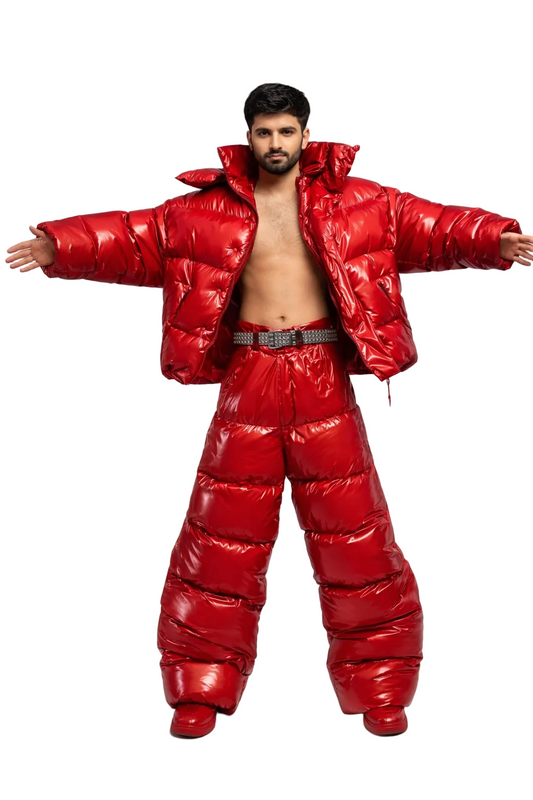 Oversized Red Shiny Puffer Glossy Padded Jacket & Wide-Leg Trousers set