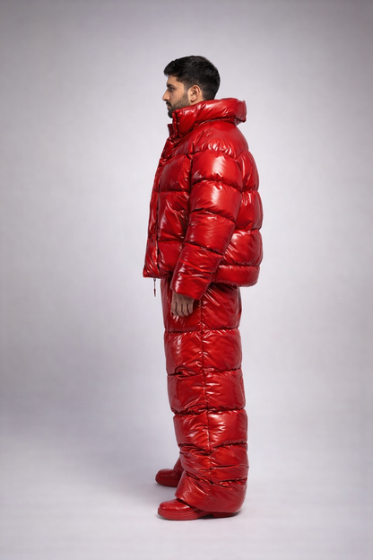 Oversized Red Shiny Puffer Glossy Padded Jacket & Wide-Leg Trousers set