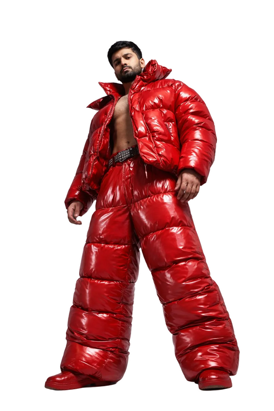 Oversized Red Shiny Puffer Glossy Padded Jacket & Wide-Leg Trousers set