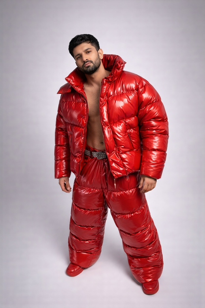 Oversized Red Shiny Puffer Glossy Padded Jacket & Wide-Leg Trousers set
