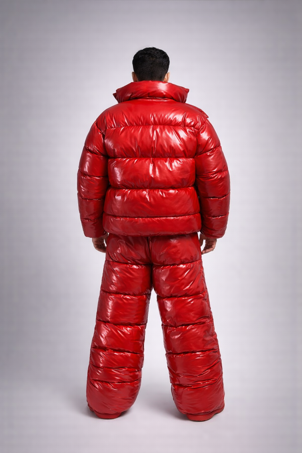 Oversized Red Shiny Puffer Glossy Padded Jacket & Wide-Leg Trousers set