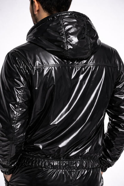 Black Shiny PVC Jumpsuit Full Zip Hooded Style