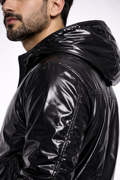 Black Shiny PVC Jumpsuit Full Zip Hooded Style