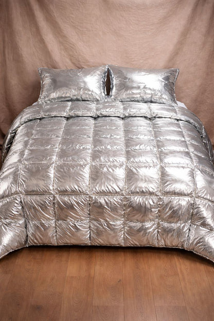 Silver Metallic Quilted Shiny Nylon Bedding Set