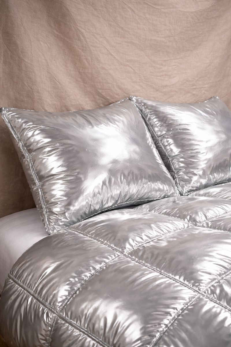 Silver Metallic Quilted Shiny Nylon Bedding Set