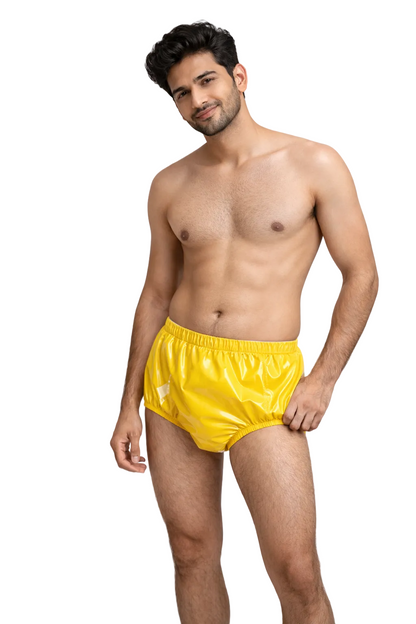 Glossy Yellow Nylon Briefs High-Waisted Shiny Fashion Short