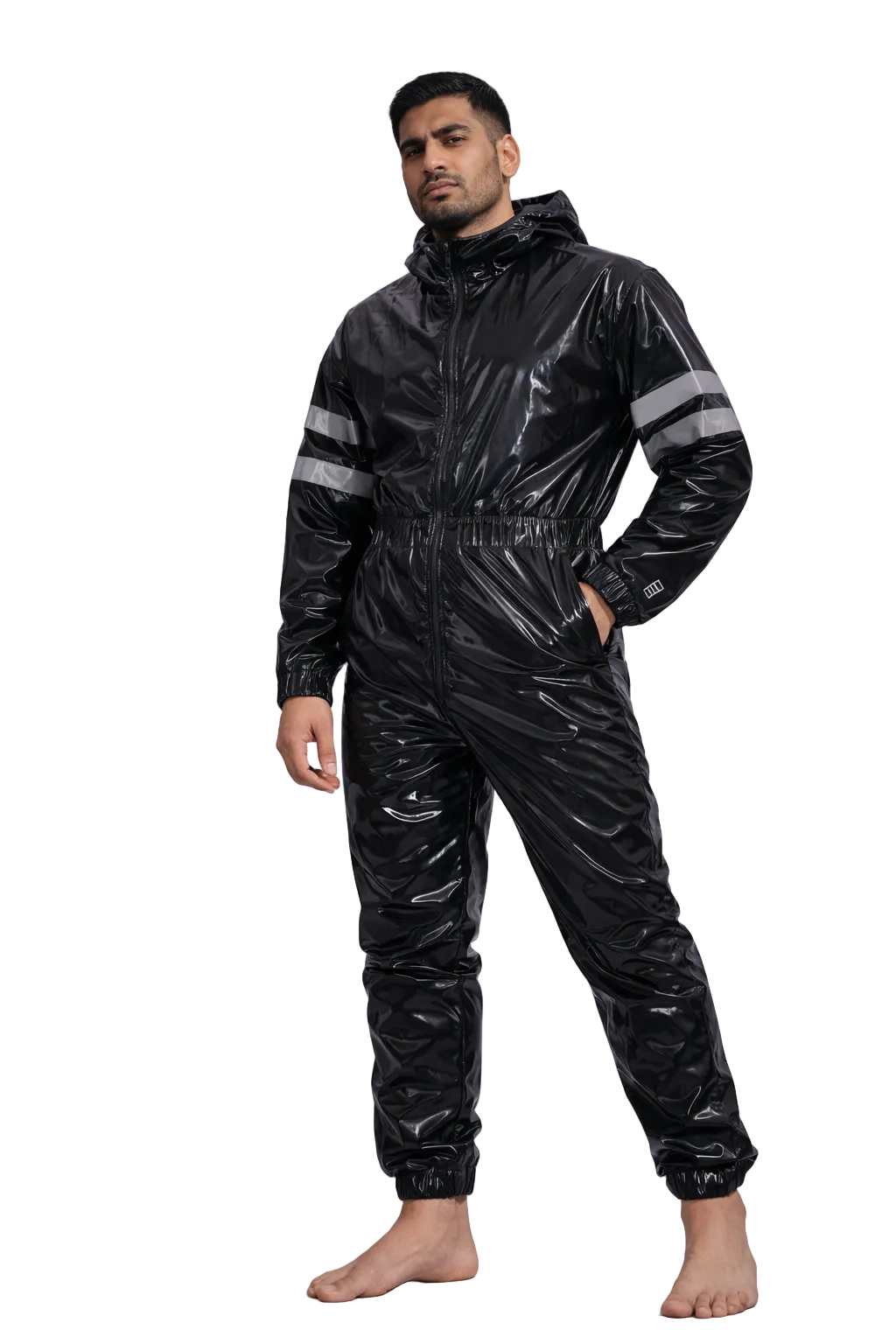 Men’s Black Shiny Nylon Jumpsuit One-Piece with Reflective Stripes
