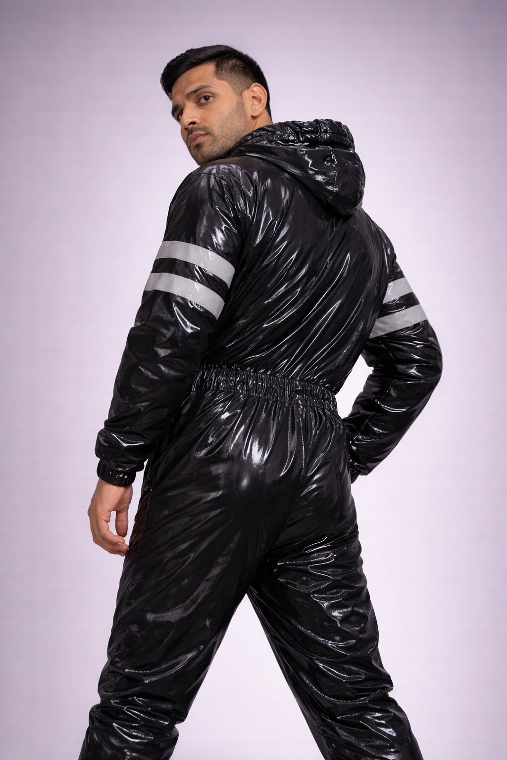 Men’s Black Shiny Nylon Jumpsuit One-Piece with Reflective Stripes