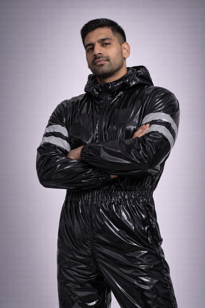 Men’s Black Shiny Nylon Jumpsuit One-Piece with Reflective Stripes