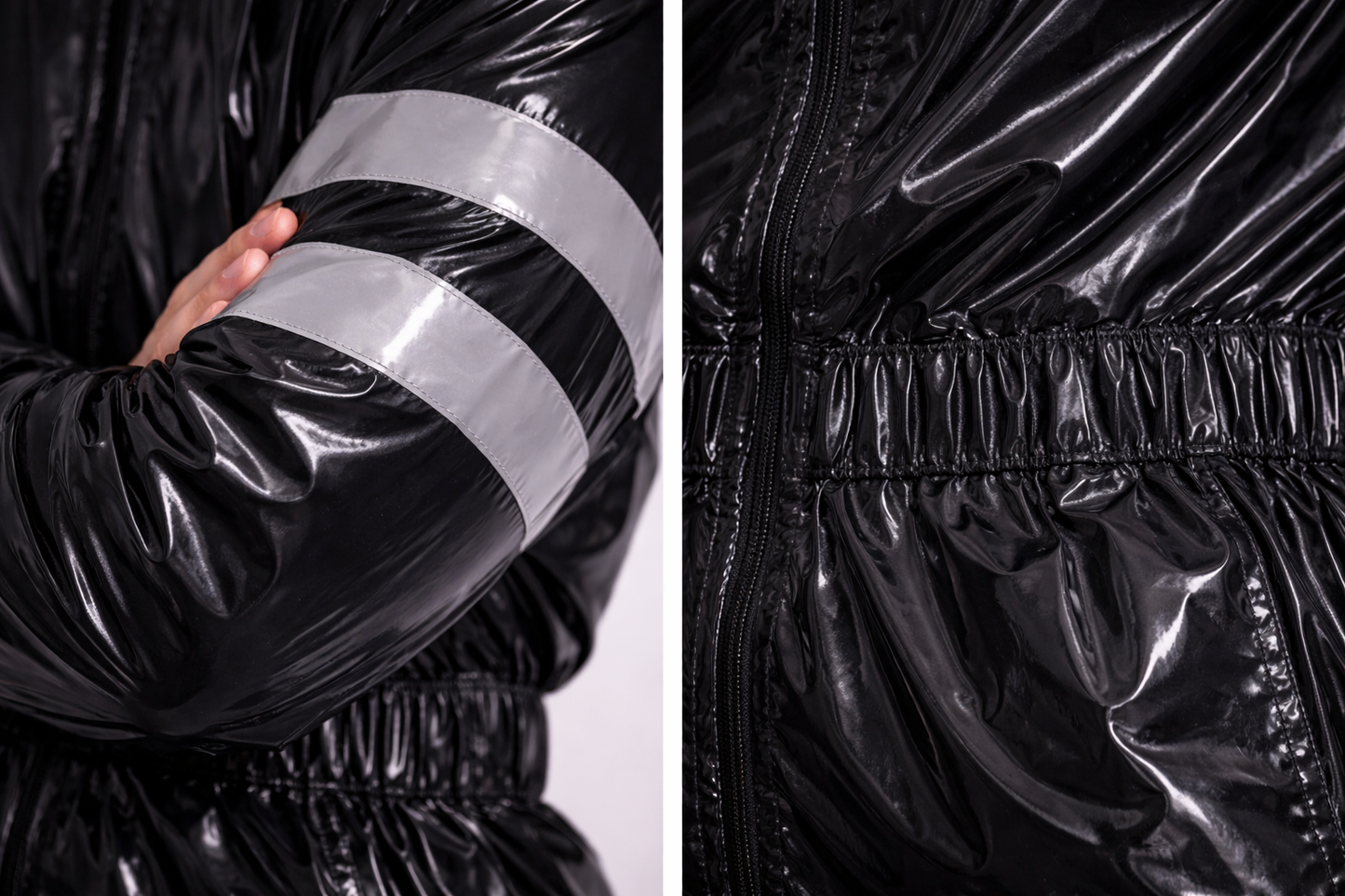 Men’s Black Shiny Nylon Jumpsuit One-Piece with Reflective Stripes