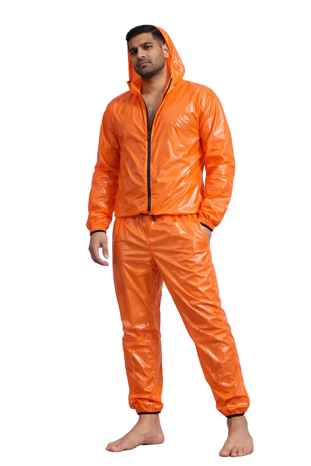 Men’s Orange Shiny Nylon Tracksuit Hooded Jacket & Pants Set