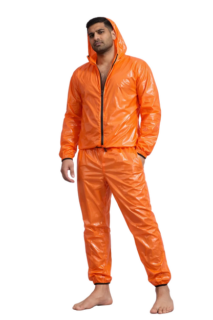 Men’s Orange Shiny Nylon Tracksuit Hooded Jacket & Pants Set