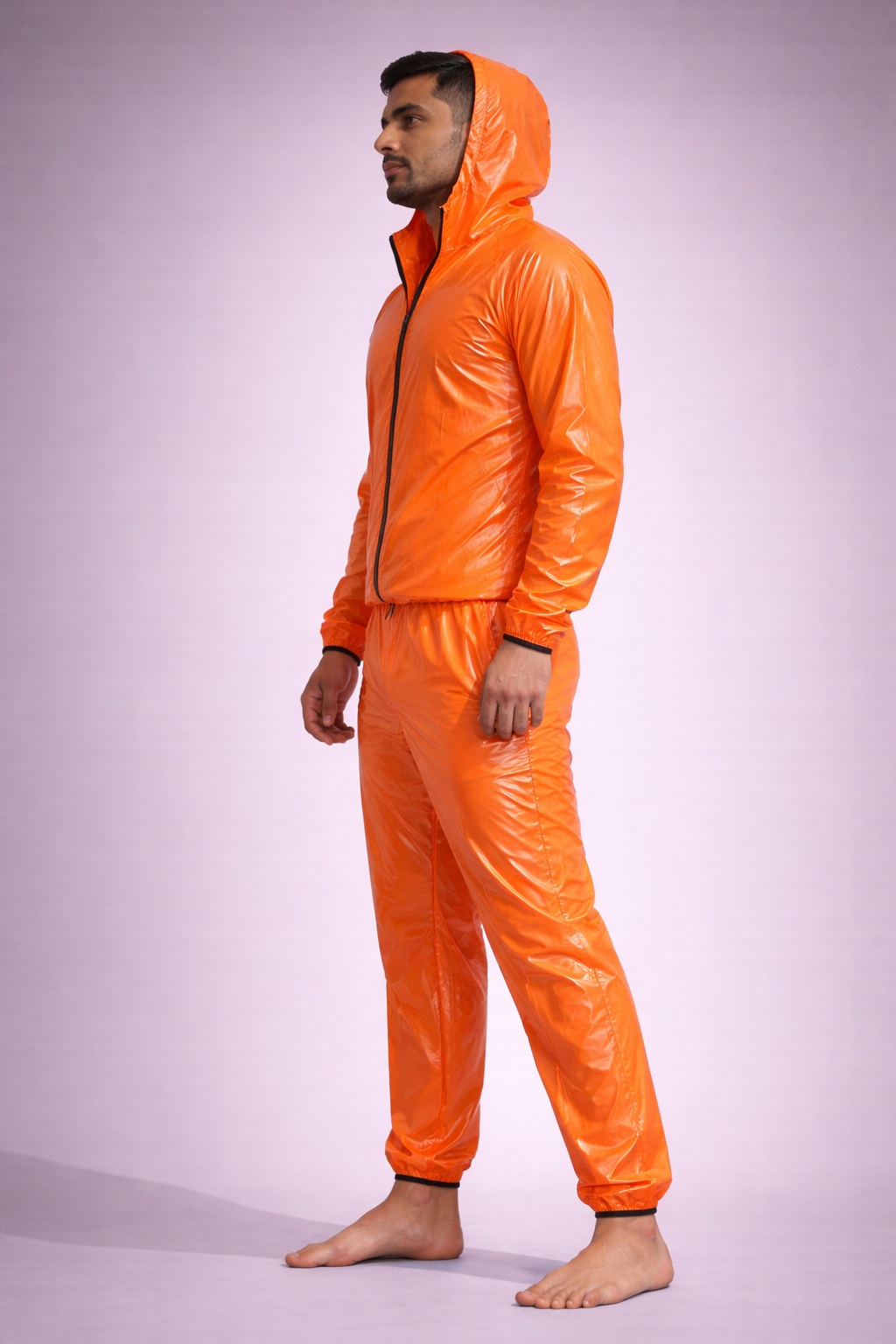 Men’s Orange Shiny Nylon Tracksuit Hooded Jacket & Pants Set