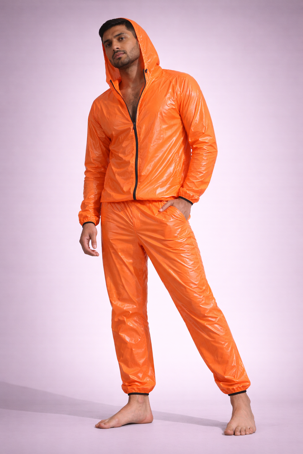 Men’s Orange Shiny Nylon Tracksuit Hooded Jacket & Pants Set