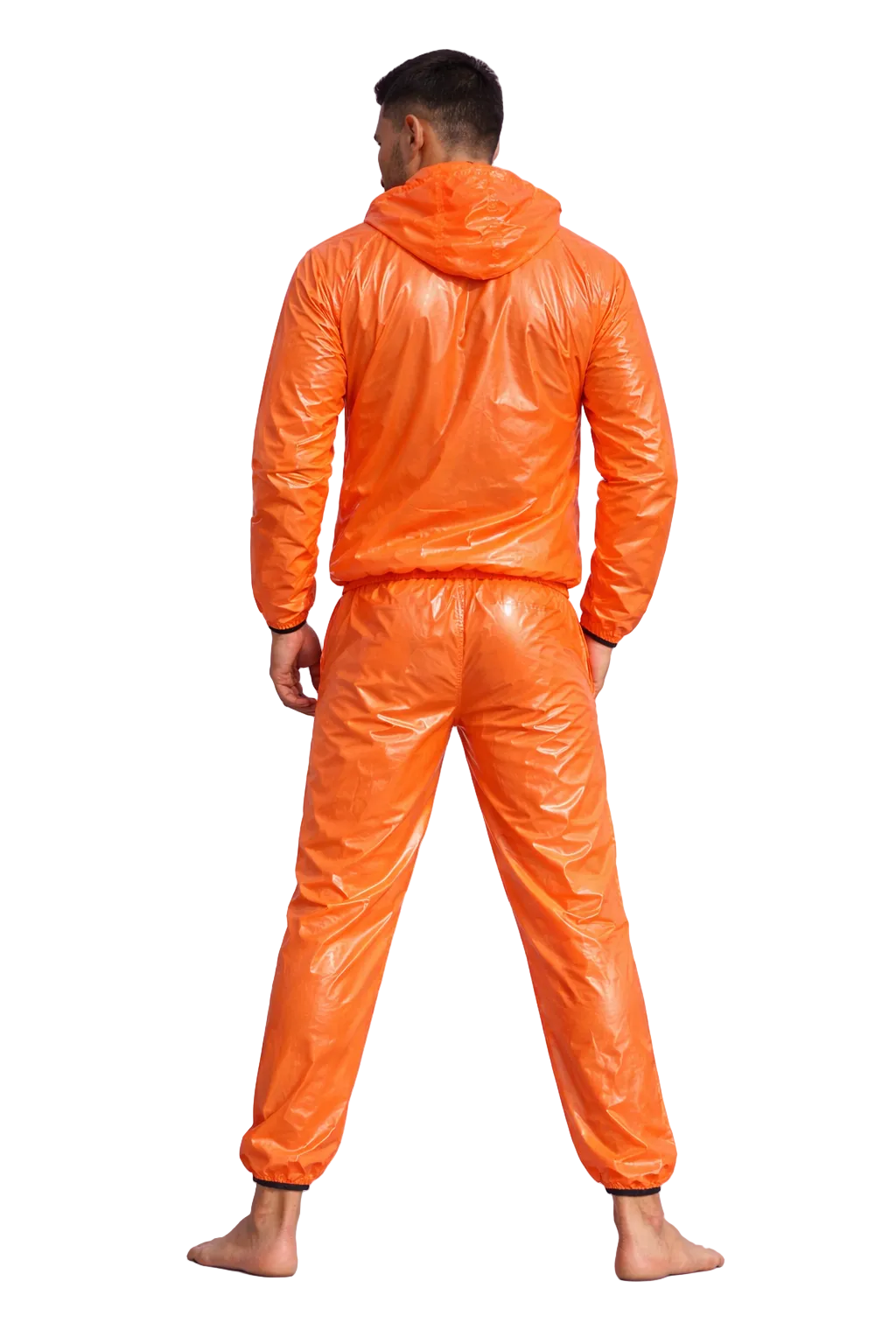 Men’s Orange Shiny Nylon Tracksuit Hooded Jacket & Pants Set