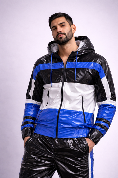 Men’s Shiny Nylon Tracksuit  Black Blue Hooded Jacket & Pants Set