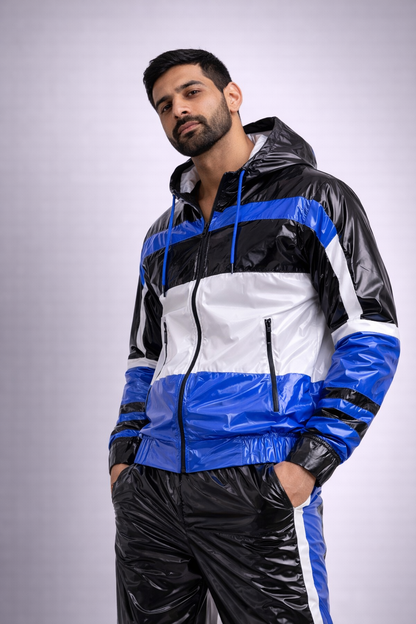 Men’s Shiny Nylon Tracksuit  Black Blue Hooded Jacket & Pants Set