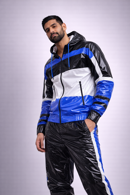 Men’s Shiny Nylon Tracksuit  Black Blue Hooded Jacket & Pants Set