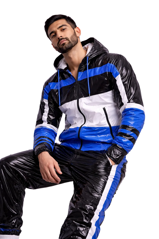 Men’s Shiny Nylon Tracksuit  Black Blue Hooded Jacket & Pants Set