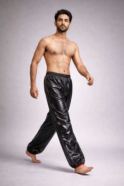 Men’s Black Shiny Nylon Pants  Lightweight Streetwear Bottoms